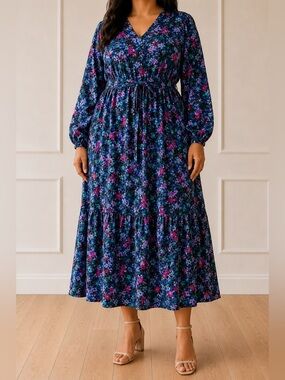 Floral Long Sleeve Midi Dress with Waist Tie